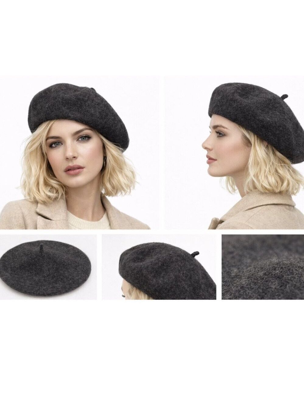 Wool Beret Hat Dark Grey Classic Parisian Soft Knit Cozy Chic Winter Everyday